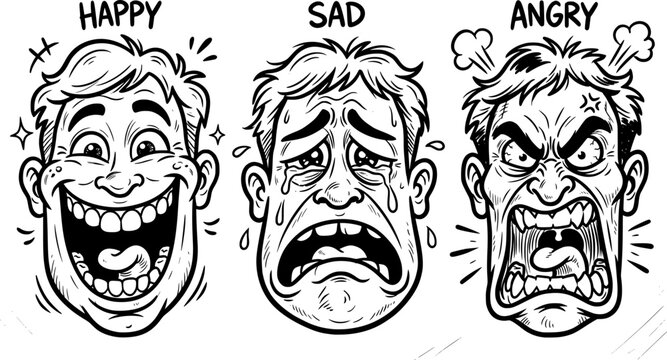 Cartoon face expression. Emotional comic face with eyes, mouths, tongue and teeth. Concept caricature feeling. Happy, sad and angry characters emotions. Vector black and white