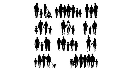 Obraz premium Family Walking Silhouettes in Various Activities Vector Line Art Illustration