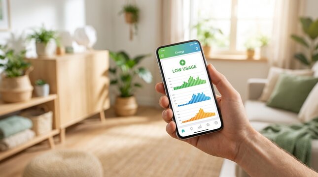 Person holding smartphone with green energy consumption tracking app in a bright modern sustainable home environment