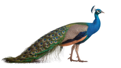Naklejka premium Male peacock with vibrant blue neck and green tail feathers