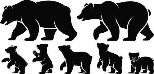 Black silhouettes of adult and baby bears in various standing and walking poses on a white background © MdRayhan