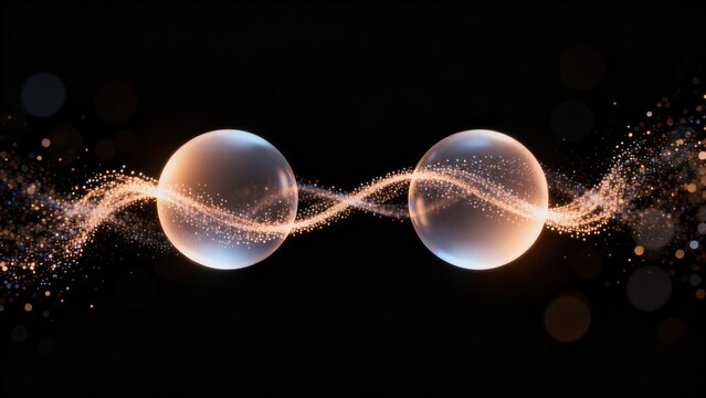 Two glowing spheres connected by a particle trail