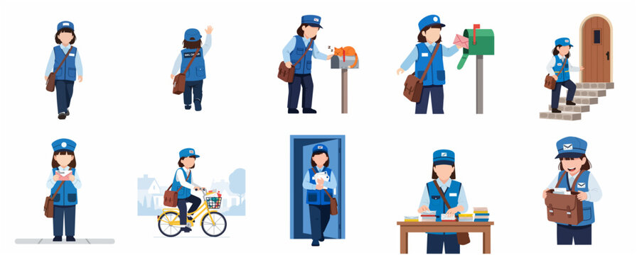 Set of female mail carrier illustrations in various delivery scenes, postwoman character design in flat vector style for postal service concepts.