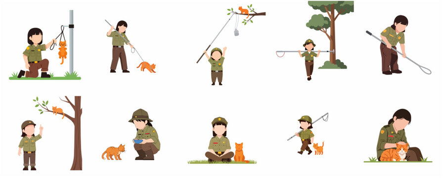 Animal control officer character set rescuing and caring for a cat. Professional female ranger or veterinarian helping stray cat in various poses. Flat vector illustration collection.