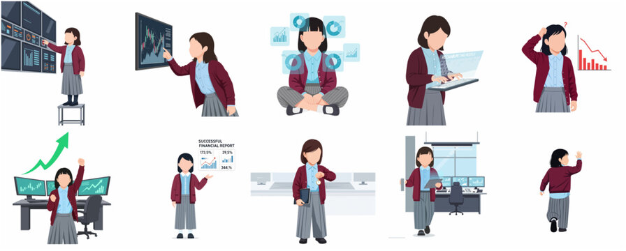 Set of Illustrations Featuring a Young Girl as a Professional Business Analyst and Stock Market Trader