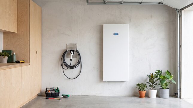 Modern Home Energy Storage System and Electric Vehicle Charging Station Installed in a Minimalist Residential Garage Space