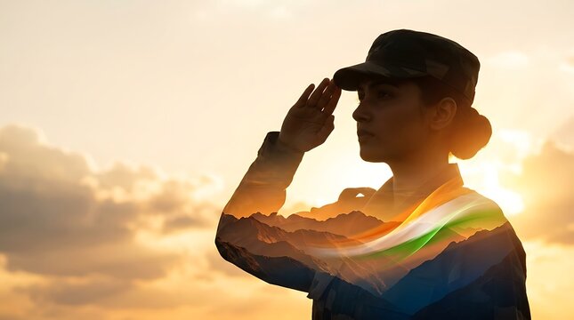 Proud Indian Female Soldier Saluting with Tricolor Double Exposure