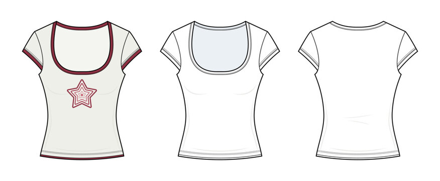 Women's Cap Sleeve Scoop Neck Baby graphic Tee Technical Fashion Flat Sketch CAD Vector Template. Front and Back View Blank T-Shirt Mockup Design.