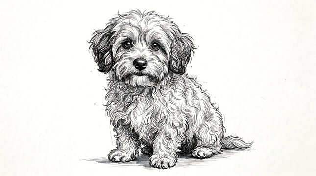 Detailed pencil sketch illustration of a cute scruffy puppy sitting on a white background