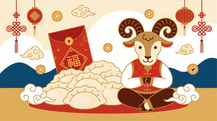 Naklejka premium Flat Vector Illustration of a Cute Goat Character in Traditional Chinese Attire Meditating Beside a Pile of Dumplings and Red Envelope with 