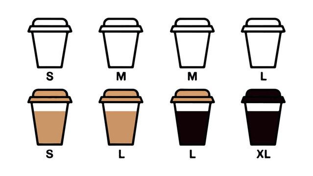 Coffee Cup Size and Fill Level Icons: Vector Showing Different Portions in Various Sizes