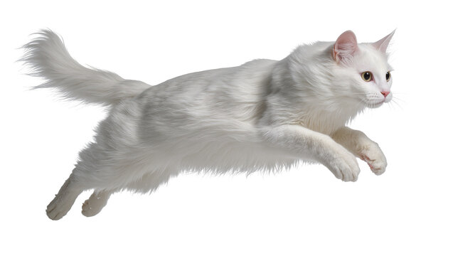 White fluffy cat jumping with paws extended