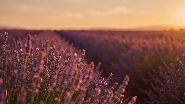 Cinematic close-up of a blooming lavender field in rows during a golden hour sunset with a soft-focus background.