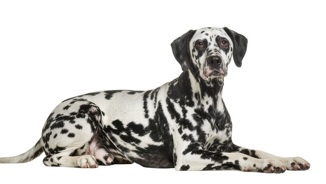 Dalmatian dog lying down with black spots on white fur