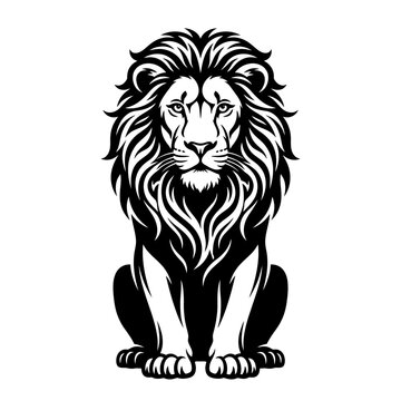 Black and white lion illustration sitting mascot logo.