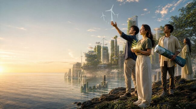 Diverse group of people observing a futuristic eco city with wind turbines and abundant greenery by the ocean