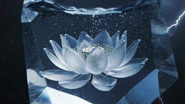 Transparent blue lotus flower encased in a floating hexagonal glass prism with air bubbles, set against a dramatic dark sky background featuring bright white lightning bolts.