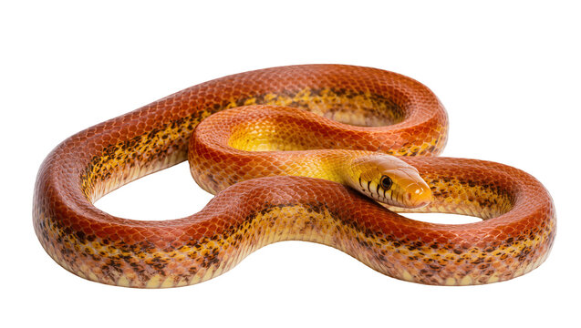 Orange and yellow patterned corn snake coiled on white