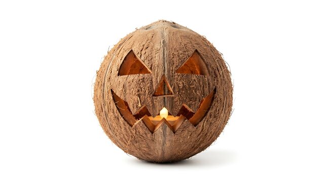 Carved coconut with halloween face