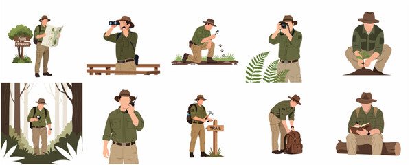 Park ranger and forest guard characters set performing various conservation duties and outdoor activities in flat illustration style © Pelabuhan