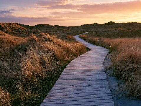 Winding wooden boardwalk through grassy dunes at a serene sunset