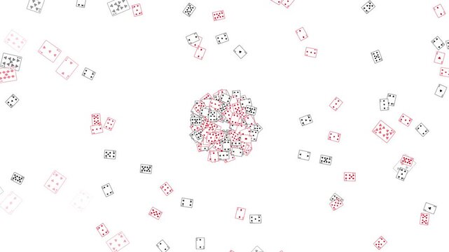 a sequence of multiple dynamic explosions featuring various playing cards from a poker deck scattering rapidly across a solid bright white background