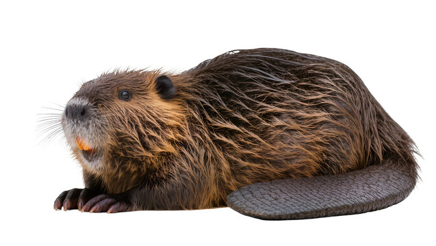 Brown beaver with orange teeth lying down