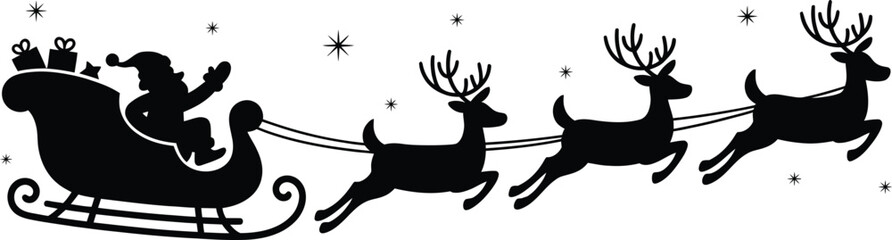 Silhouette of Santa Claus in a sleigh pulled by reindeer with gifts and stars Christmas © MdRayhan