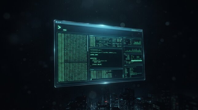 Floating virtual monitor screen showcasing massive lines of hex code, kernel dumping, and file decryption logs in a dark high-tech environment.