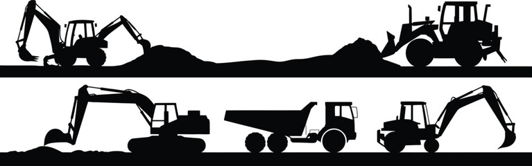 Silhouettes of construction vehicles working on a landscape and a road excavator backhoe © MdRayhan