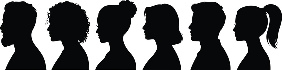 Silhouettes of diverse people's heads in profile against a white background profiles © MdRayhan