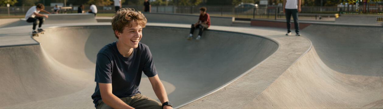 Captures Young Male With Curly Hair Sitting On Edge Of Concrete Skate Ramp In To Outdoor Park Daylight Hours Smiling Broadly Suggesting