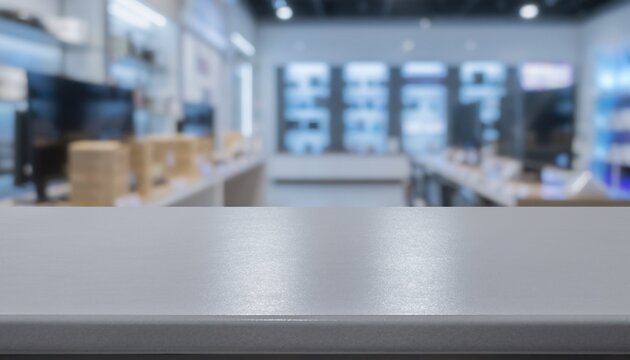 An empty grey counter set against a blurred background of an electronics store&mdash;ideal for displaying or showcasing your products.