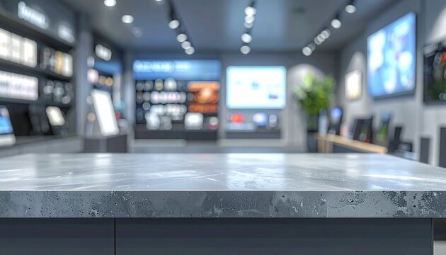 An empty grey counter set against a blurred background of an electronics store&mdash;ideal for displaying or showcasing your products.