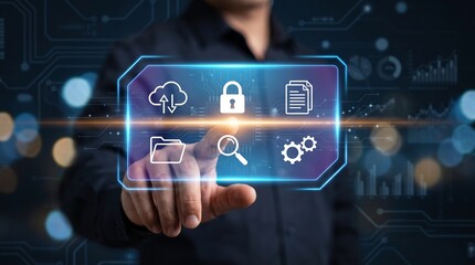 Fototapeta premium Business expert touching holographic screen for cloud storage and document security management in advanced digital workspace