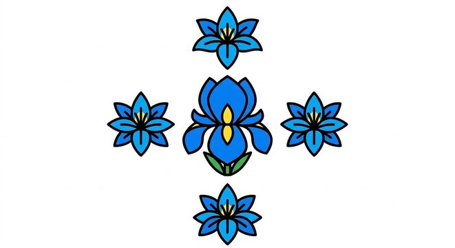 Symmetric blue iris flower arrangement in cross pattern