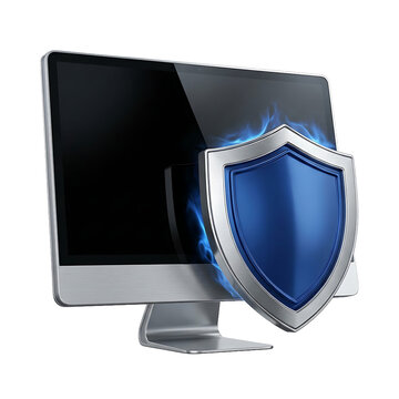 Desktop monitor screen protected by blue metallic shield graphic featuring surrounding fire effect representing high level cybersecurity software defense against internet virus attacks and hacking att