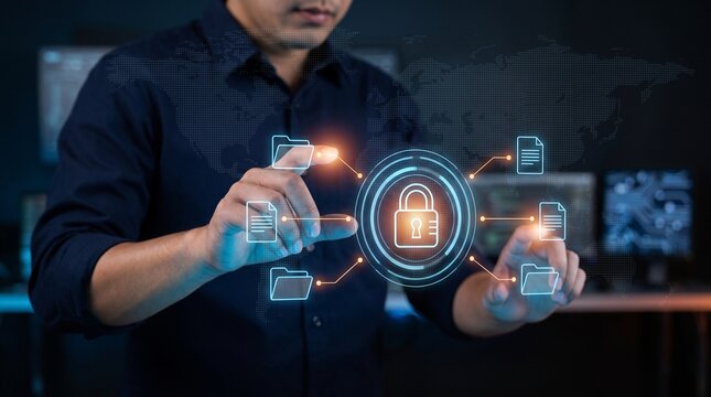 Professional man using digital interface with glowing padlock icon and document symbols for secure cloud file management in dark high tech office setting with world map