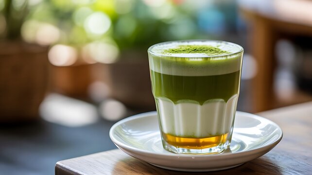 Green matcha latte layered with milk in clear glass on wooden table