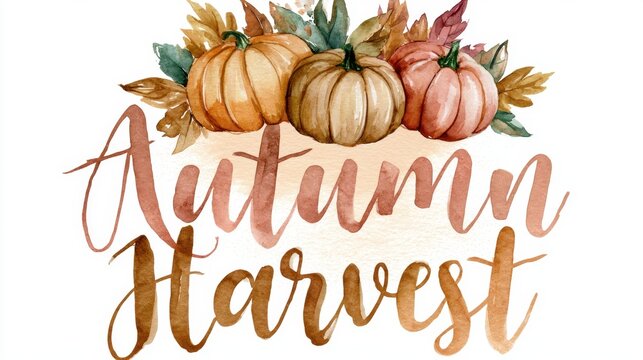 Watercolor autumn harvest lettering with pumpkins and fall leaves for seasonal design