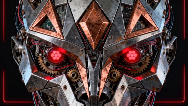 Mechanical robot head with glowing red eyes