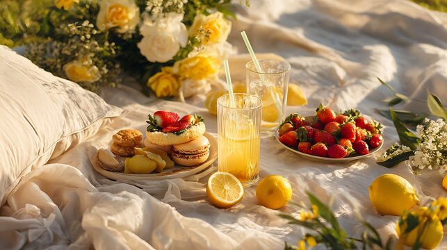modern summer picnic with fresh fruits, lemonade, and sandwiches on linen blanket in golden hour sunlight