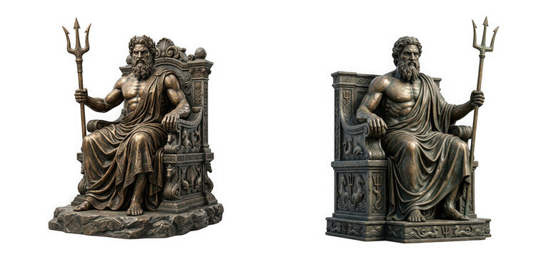 Two bronze statues of poseidon sitting on an ornate throne holding a trident isolated on transparent background