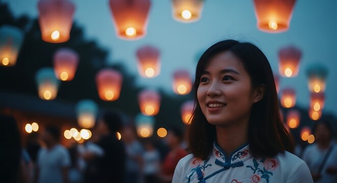 Young woman in traditional attire smiles amidst a festive sky lantern release