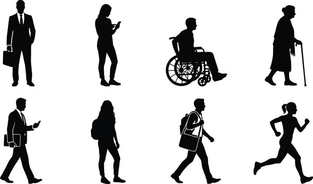 People Silhouette Collection with Business Professionals, Students, Seniors, Wheelchair User, and Active Lifestyle Figures