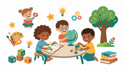 Obraz premium Children engaged in learning and creative activities with books toys and art supplies