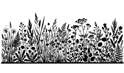 Flock of Birds Flying Above Tall Prairie Grass Silhouette Vector Nature Landscape Isolated on White © Rikta