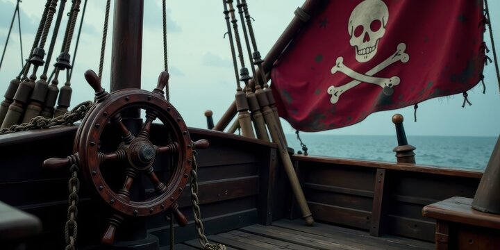 A weathered wooden ship's wheel, adorned with nautical rope, sits at the helm, a skull and crossbones flag billowing in the sea breeze nearby, hinting at a tale of adventure on the open ocean