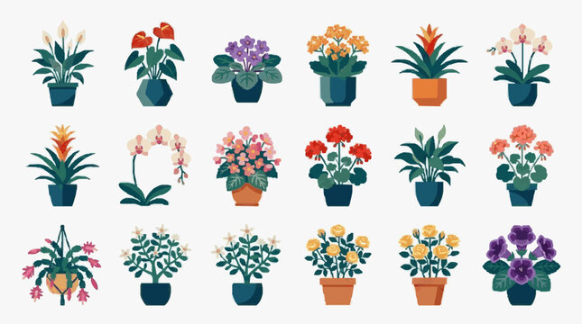 Creative Collection of 18 Colorful Potted Flower Illustrations for Home Decor and Gardening Inspiration