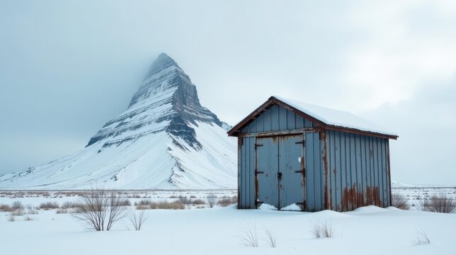 Rustic weathered shed stands solitary amidst a snow covered landscape, dwarfed by a majestic snow-capped mountain peak under a pale winter sky.